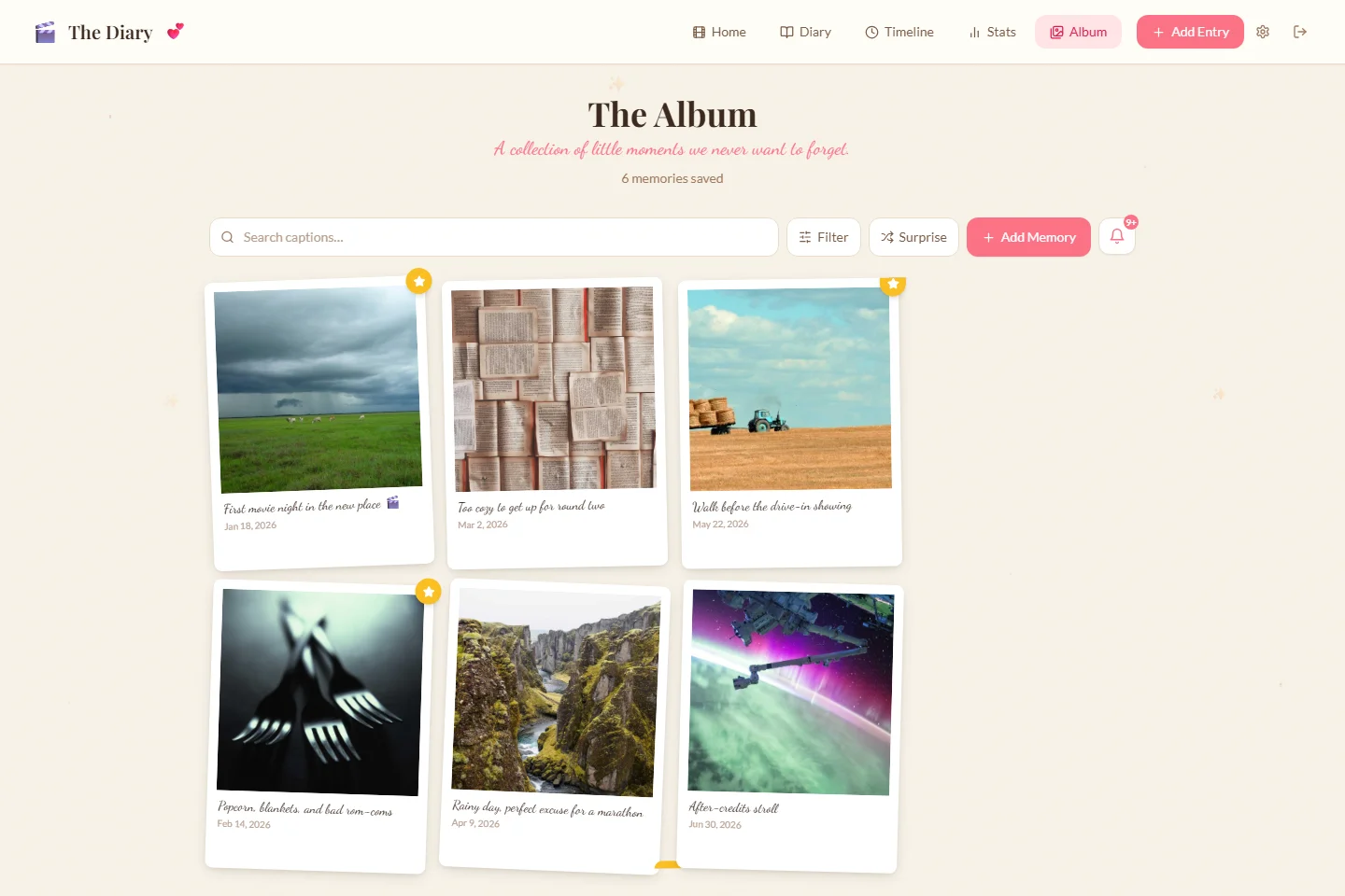 The Diary's photo album, with little memories arranged as pastel Polaroid cards.
