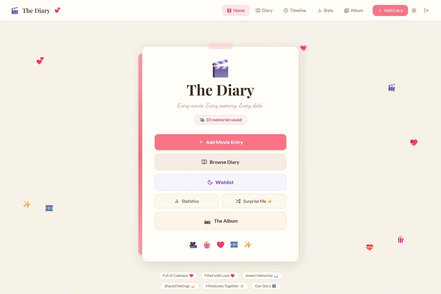 The Diary's pink scrapbook dashboard with floating hearts and movie-night shortcuts.