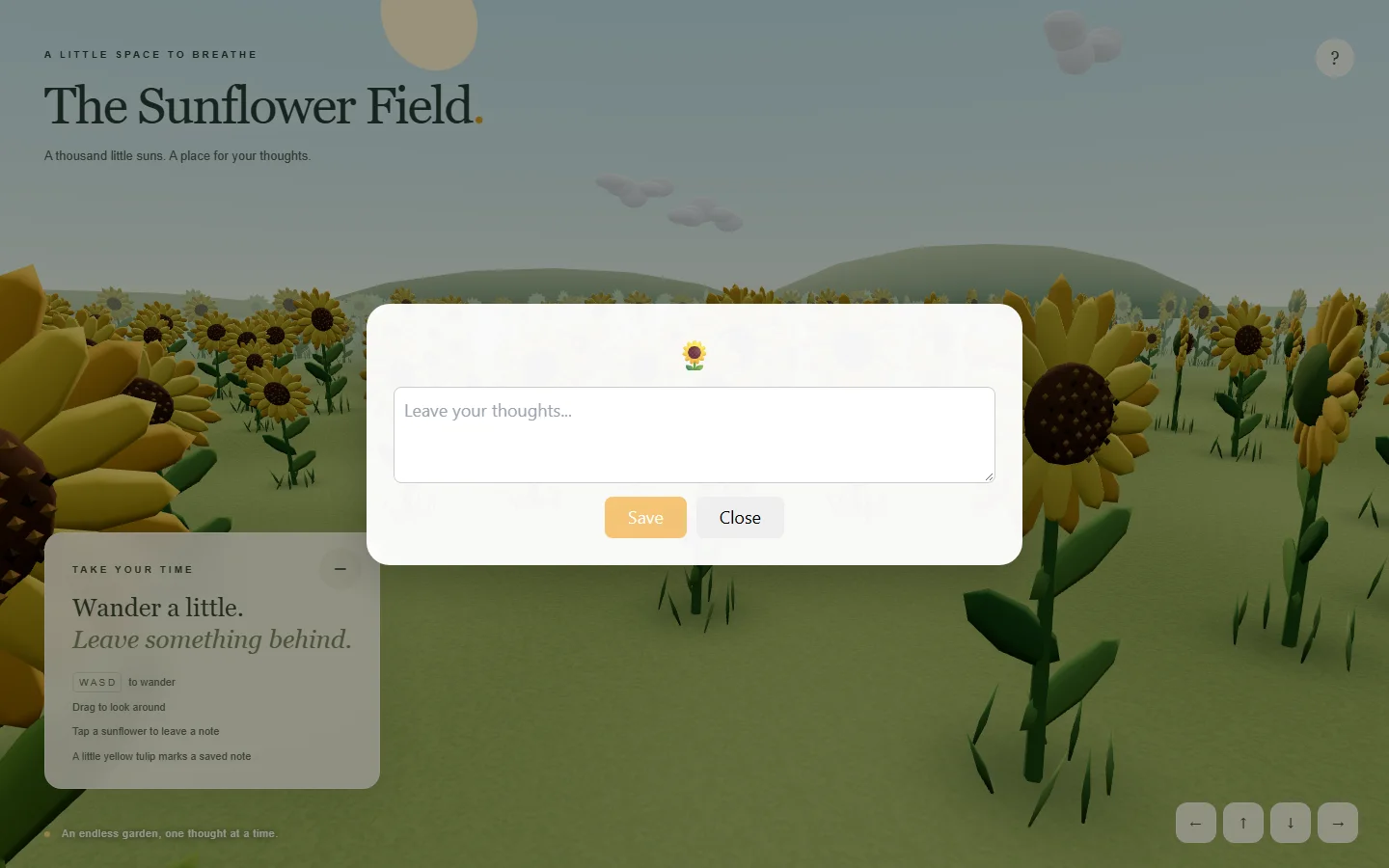 An empty note composer opened over the sunflower field, with space to leave a thought.