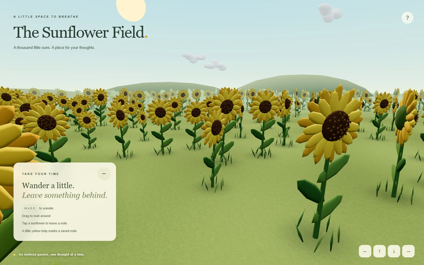 A view from within the sunflower field, surrounded by flowers with rolling green hills beyond.