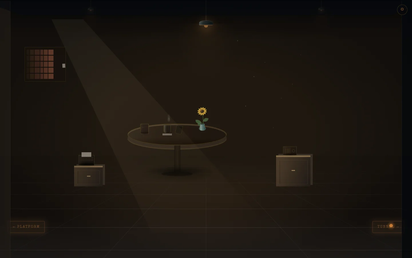 A quiet station café with a round table, a sunflower, and warm pools of light.