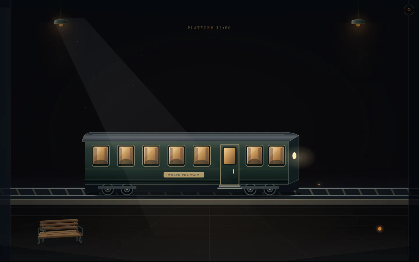 A warmly lit train arriving at Platform 11:59 under the station lamps.