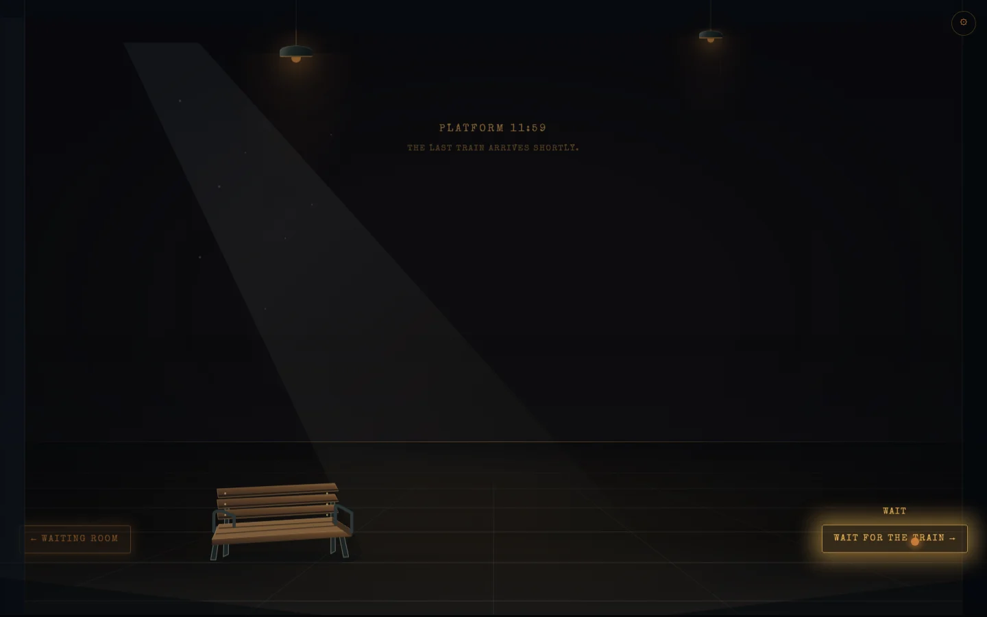 Platform 11:59 before the train arrives, with an empty bench beneath the station lamps.